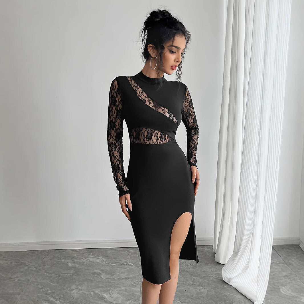 Lace Sleeve Mock Neck Cut Out High Split Bodycon Midi Dress