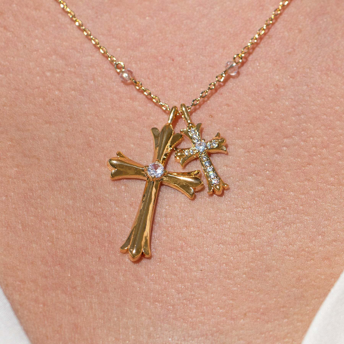 Hip Hop Style Bead Chain Cross Pendant Zirconia Necklace