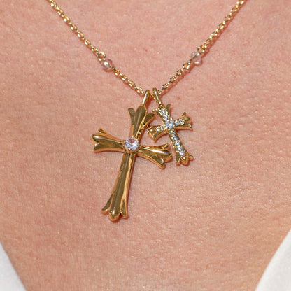 Hip Hop Style Bead Chain Cross Pendant Zirconia Necklace