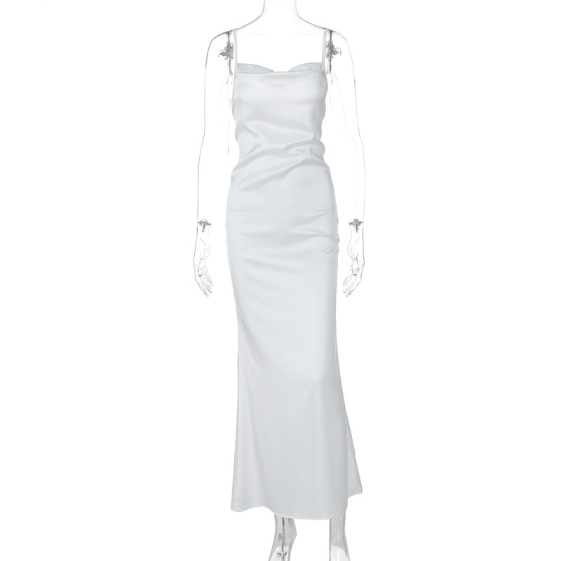 Summer Elegant Solid Color Stitching Tied Tie Waist Long Slim Strap Dress Women Clothing