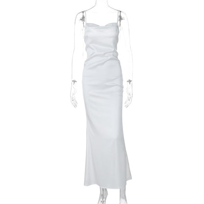 Summer Elegant Solid Color Stitching Tied Tie Waist Long Slim Strap Dress Women Clothing