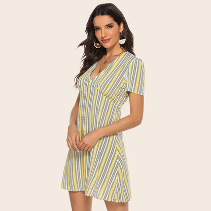 Summer Lemon Yellow Striped Sexy Women Dress V-neck Vitality Sweet Short Sleeve Dress
