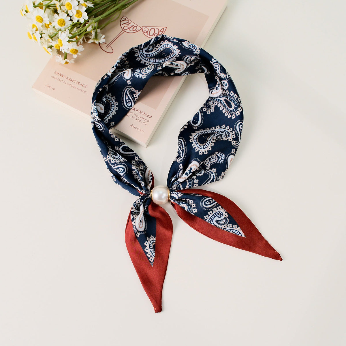 Pearl Magnetic Buckle Paisley Print Neck Ribbon Scarf