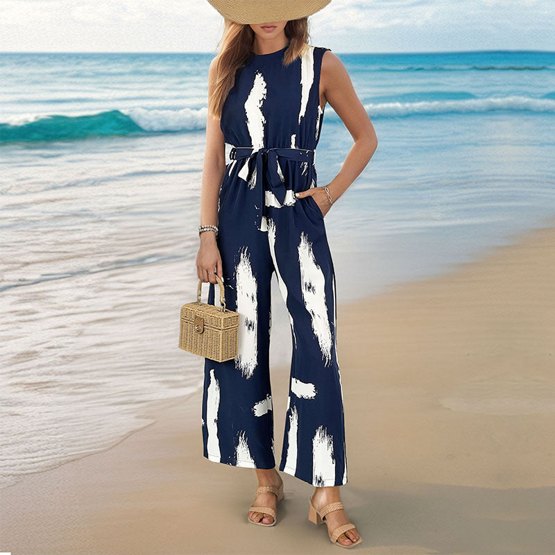 Summer Vacation One Piece Wide Leg Trousers Women Sleeveless Printed Jumpsuit