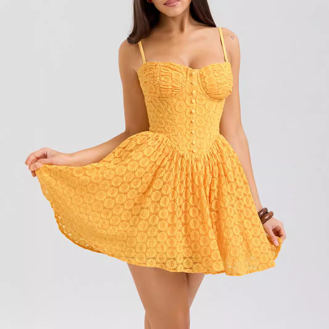 Floral Lace Sweetheart Button Front Basque Waist Fit and Flare Mini Dress
