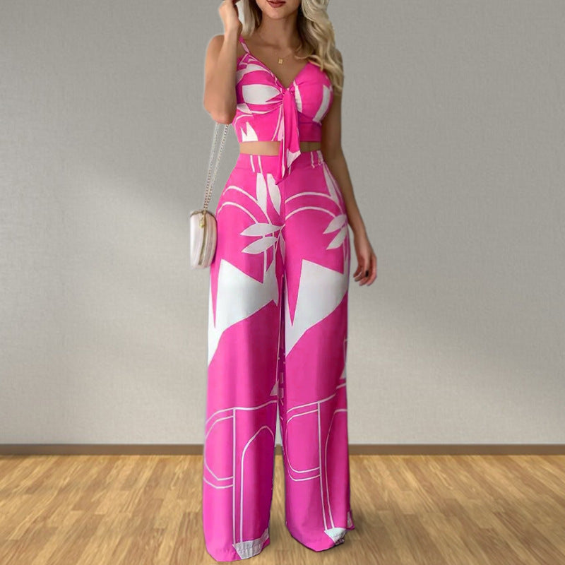 Women Clothing Summer Sexy Tube Top Lace up Loose Wide Leg Pants Printing Set