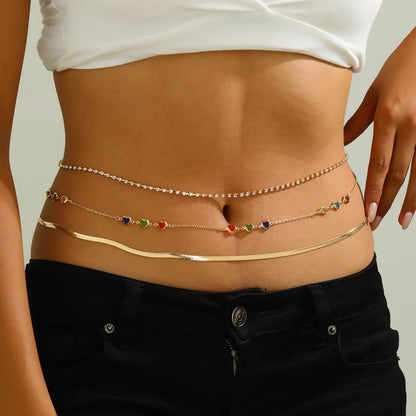 Layered Rhinestone Heart Color Waist Chain Set
