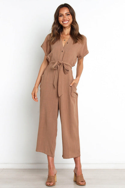 Summer Solid Color Pocket Sexy V Neck Cropped Wide Legged Jumpsuit Women