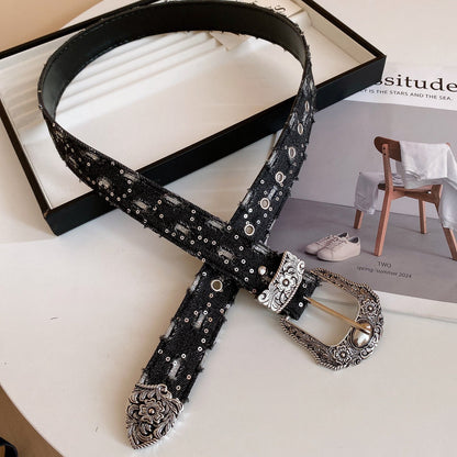 Distressed Denim Pattern Metal Belt