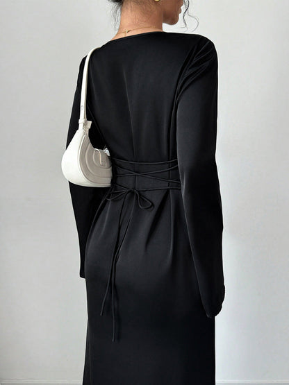 Long Sleeve Loose Tie Waist Elegant Maxi Dress