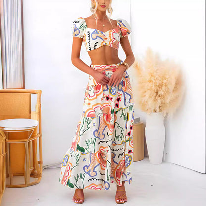 Summer Printed Top Wrapped Chest Skirt Two Piece Suit Amplified craft