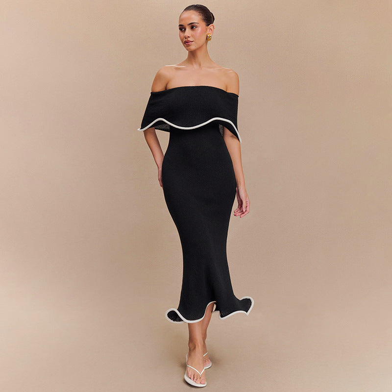 Women Clothing Summer Contrast Color Ruffled off the Shoulder Tube Top Backless Sheath Sexy Dress