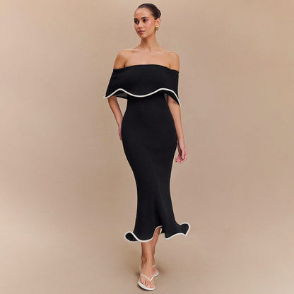 Women Clothing Summer Contrast Color Ruffled off the Shoulder Tube Top Backless Sheath Sexy Dress