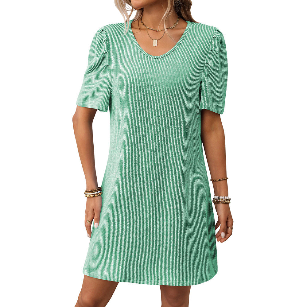 Summer Women Clothing Contrast Color Twist Strip Puff Sleeve Mid Length Dress