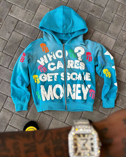 Retro Letter Print Y2K Loose Comfortable Zip Hoodie