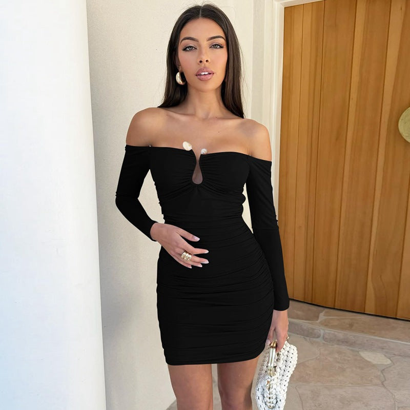 Women Sexy Tube Top off Neck Pleated Waist Tight Slimming Tight Hip Bag Dress