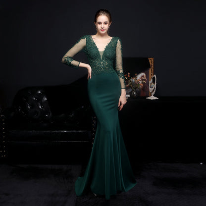 Floral Lace Illusion Long Sleeve Mermaid Trumpet Formal Gown