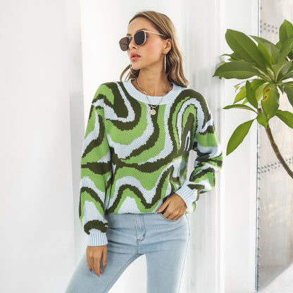 Tie Dyed Brocade Sweater Women Loose Autumn Winter Long-Sleeved Casual Knitwear Sweater