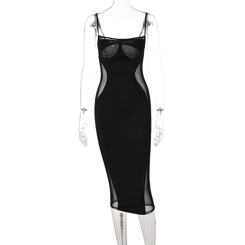 Summer New Mesh Stitching Solid Color Slim Dress Women Clothing