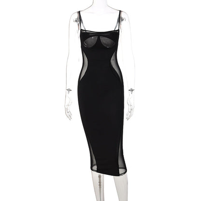 Summer New Mesh Stitching Solid Color Slim Dress Women Clothing