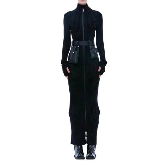 Long Dress Autumn Pocket Belt Design Waist Tight Slimming Knitted Dress Women