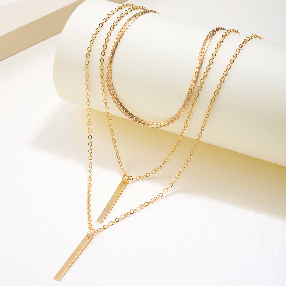 Minimalist Geometric Bar Pendant Layered Chain Necklace
