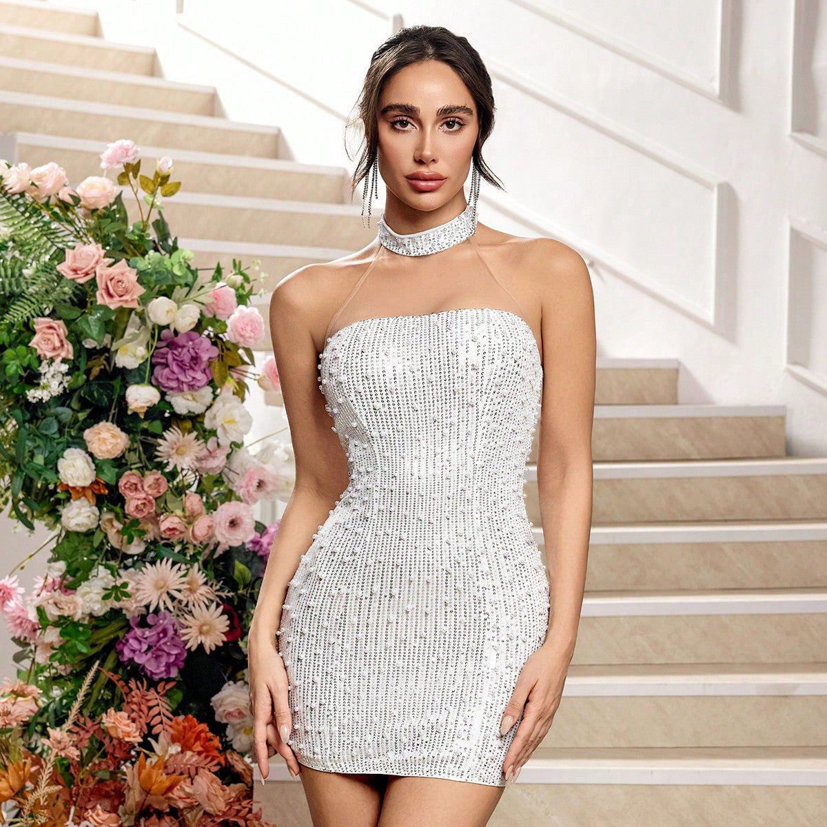 Sequin Pearl Beaded Bandeau Choker Collar Bodycon Mini Dress