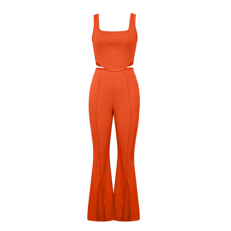 Summer Pants Suit Solid Color Office Sleeveless Vest Split Trousers Casual Two Suits