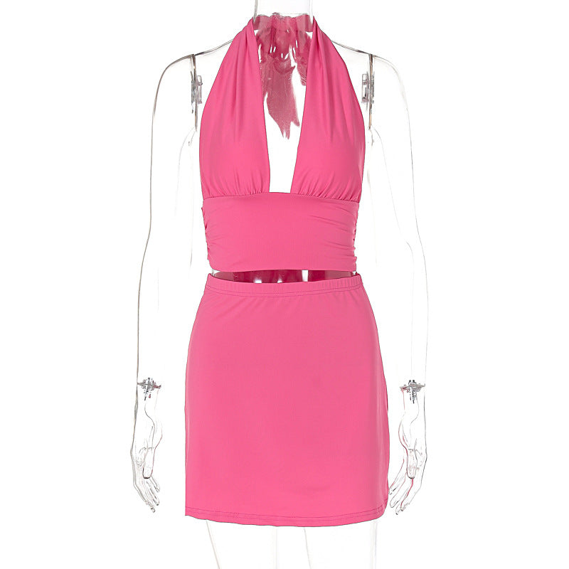Summer Deep V Plunge Lace up Halterneck Vest Skirt Suit Outfit Women Clothing