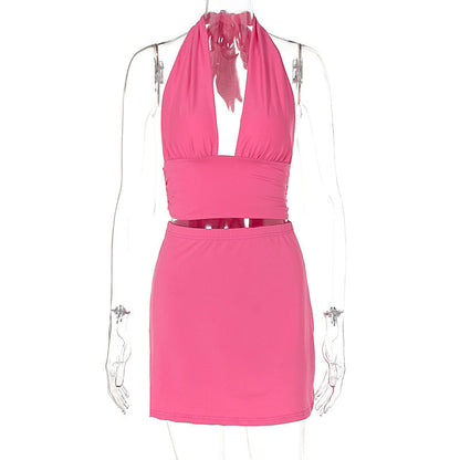 Summer Deep V Plunge Lace up Halterneck Vest Skirt Suit Outfit Women Clothing