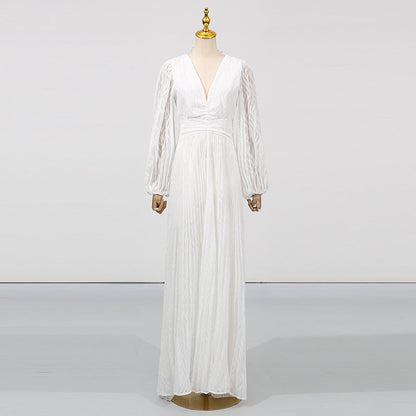 Deep V-Neck Puff Sleeve Pleated Waist Plissé Maxi Dress