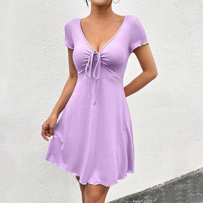 Women Clothing Tight Waist A line Short Sleeve Dress Spring Summer High Waist V neck Slim Fit Dress