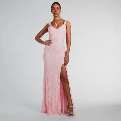 Sequin Lace Deep V-Neck Ruffle Strap High Split Maxi Gown