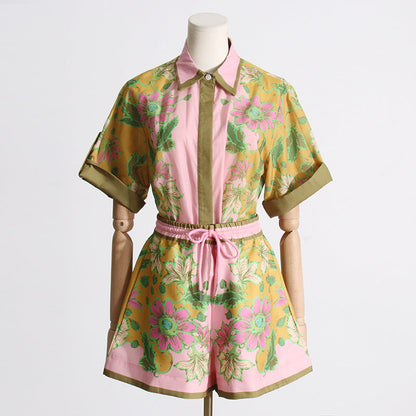 Summer Unique Print Design Shirt Top Casual Shorts Suit Women Two Piece Suit