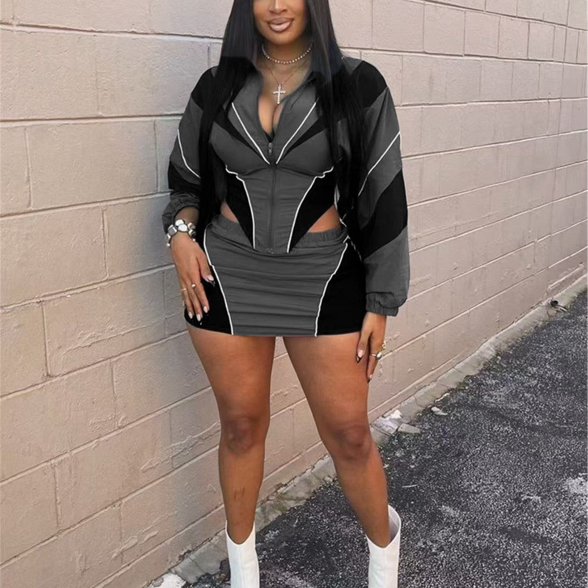 Autumn Sexy Sports Loose Casual Contrast Color Long Sleeve Coat Skirt Outfit Women