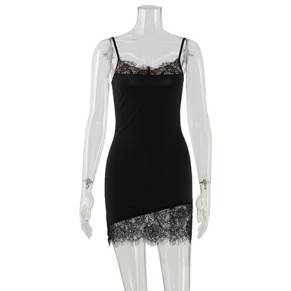 Lace Trim Spaghetti Strap Scalloped Hem Bodycon Slip Mini Dress