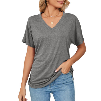 Summer Casual Pullover V Neck Solid Color Loose T Shirt Women Top