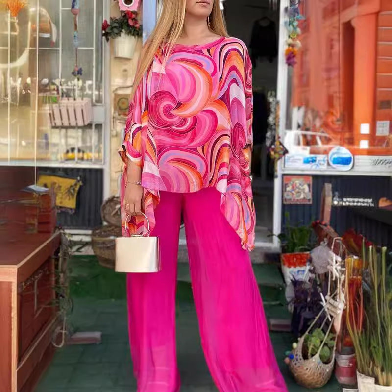 Summer Colorful Chiffon Casual round Neck Printed Two Piece Set Women