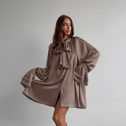 Autumn Winter Casual Elegant Thick Matte Satin Loose Tie Neck Flare Sleeve Tie Neck Women Clothing Dress White