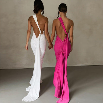 One Shoulder Asymmetric Strap Metal Ring Open Back Ruched Train Maxi Dress