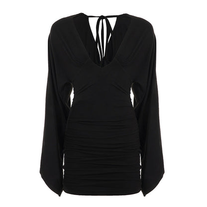 Deep V-Neck Long Bell Sleeve Ruched Bodycon Mini Dress