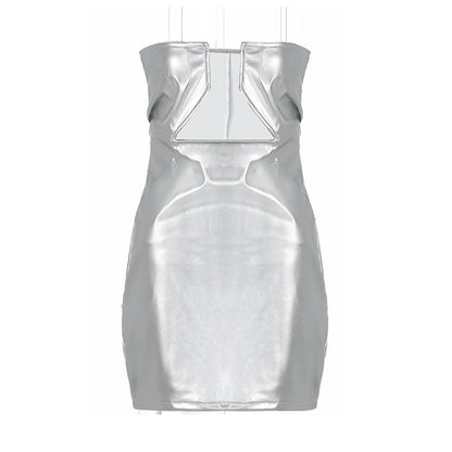 Faux Leather Metallic Strapless Geometric Cut Out Ruched Bodycon Mini Dress