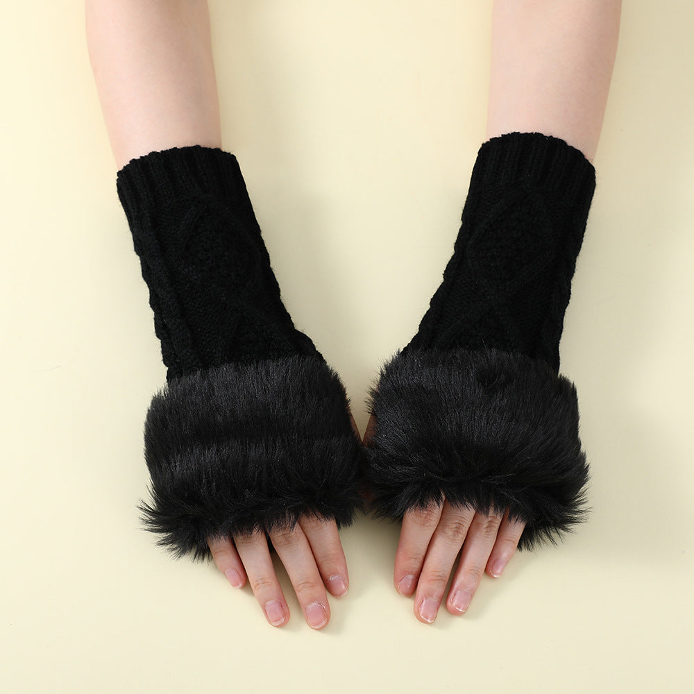 Faux Fur Knit Diamond Pattern Gloves