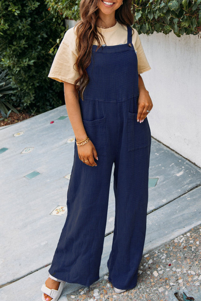 Summer Women Casual Solid Color Pocket Square Collar Loose Overalls