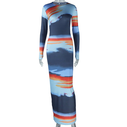 Printing Slim Fit Office Lady Sheath Dress round Neck Long Sleeve Length Dress Color Matching Painted Special Women Clothing