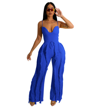 Summer Women Clothing Tassel Lace Suit Sexy Sling Two Piece Set