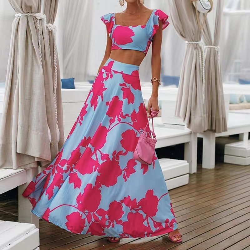 Summer Women Clothing Bohemian Sexy Print Sleeveless Dress Two Piece Set
