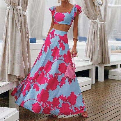 Summer Women Clothing Bohemian Sexy Print Sleeveless Dress Two Piece Set