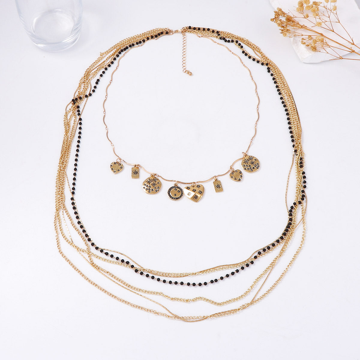 Layered Bead Chain Geometric Charm Statement Necklace
