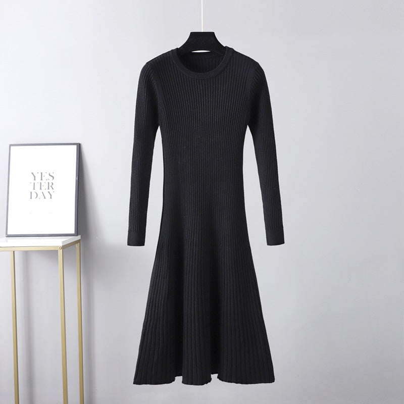 Fall Winter Slim Dress Women Mid Length Dress Round Neck Solid Color Inner Wear Base Sweater Dress A line Dress